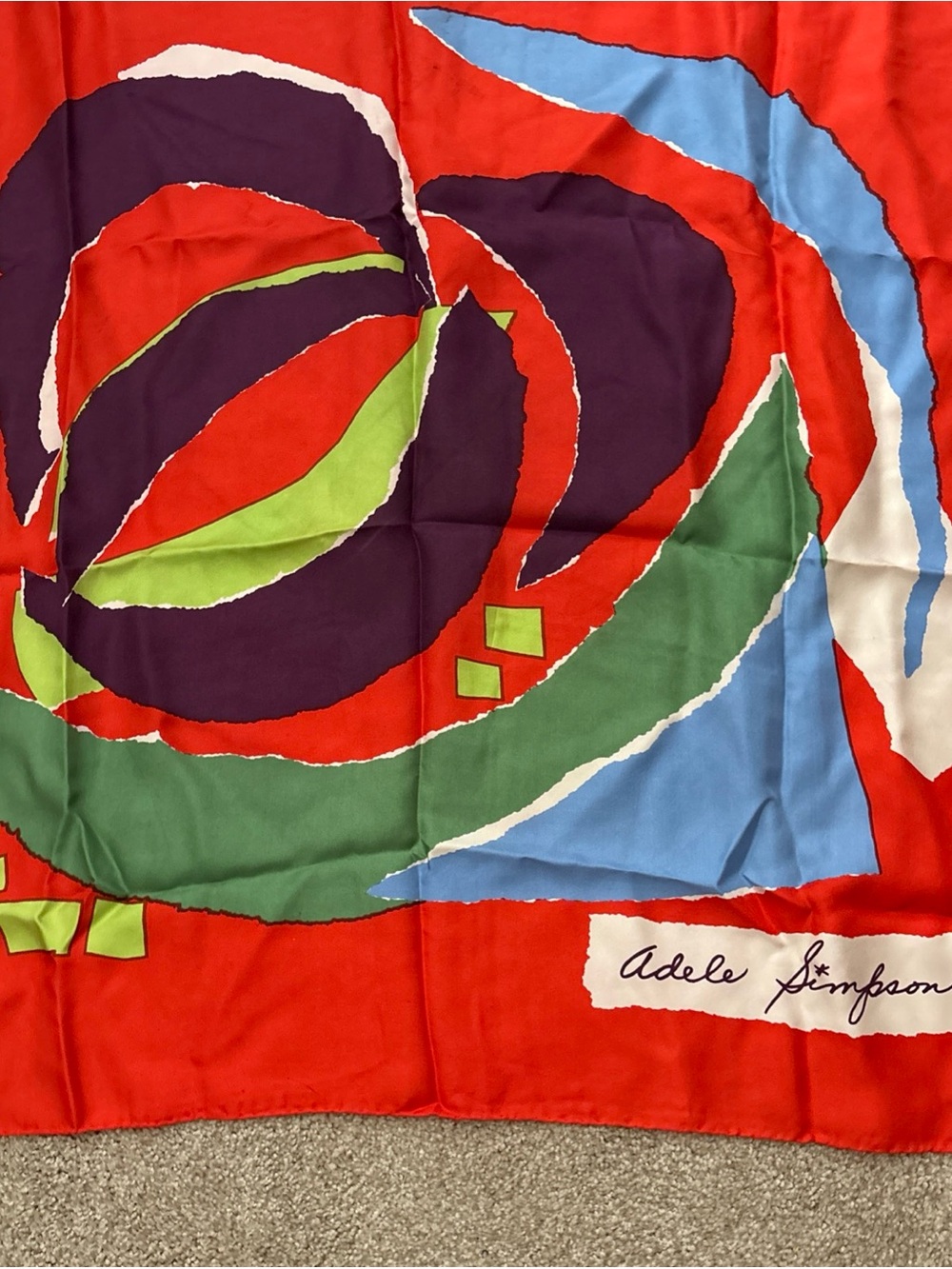 Adele Simpson 80s Silk Multicolor Scarf w/ Signature Design Hand Rolled 30" VTG